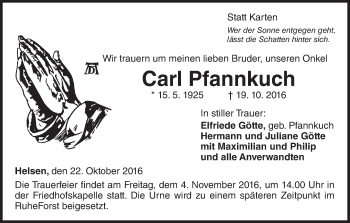 Traueranzeige von Carl Pfannkuch von Waldeckische Landeszeitung