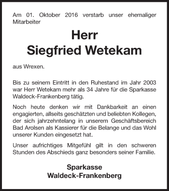 Traueranzeige von Siegfried Wetekam von Waldeckische Landeszeitung