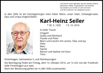 Traueranzeige von Karl-Heinz Seiler von Waldeckische Landeszeitung