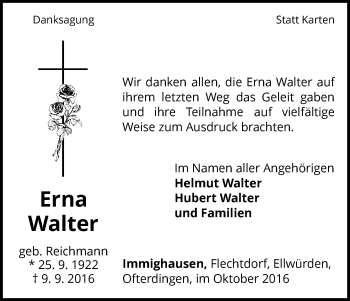 Traueranzeige von Erna Walter von Waldeckische Landeszeitung