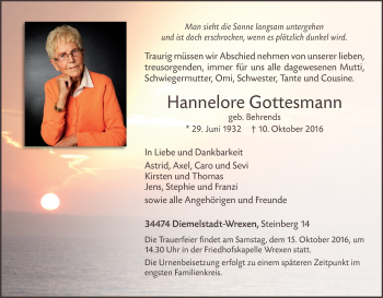 Traueranzeige von Hannelore Gottesmann von Waldeckische Landeszeitung