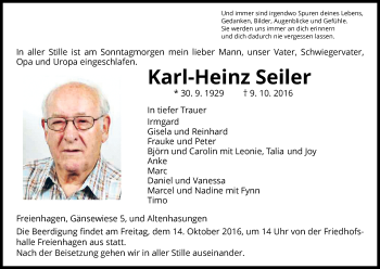 Traueranzeige von Karl-Heinz Seiler von Waldeckische Landeszeitung