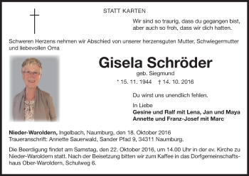 Traueranzeige von Gisela Schröder von Waldeckische Landeszeitung