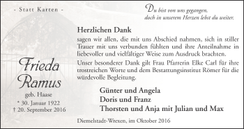 Traueranzeige von Frieda Ramus von Waldeckische Landeszeitung