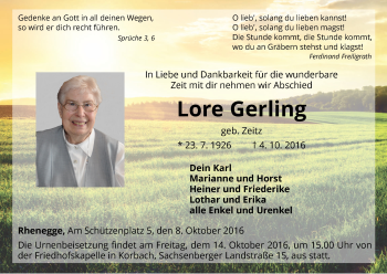 Traueranzeige von Lore Gerling von Waldeckische Landeszeitung