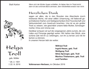 Traueranzeige von Helga Troll von Waldeckische Landeszeitung