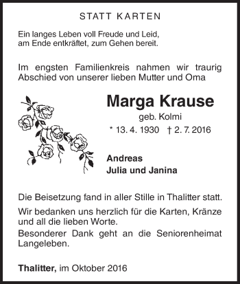 Traueranzeige von Marga Krause von Waldeckische Landeszeitung