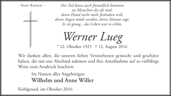 Traueranzeige von Werner Lueg von Waldeckische Landeszeitung