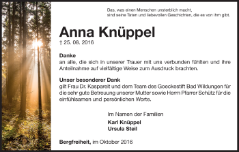 Traueranzeige von Anna Knüppel von Waldeckische Landeszeitung