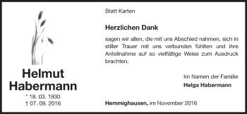 Traueranzeige von Helmut Habermann von Waldeckische Landeszeitung