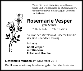 Traueranzeige von Rosemarie Vesper von Waldeckische Landeszeitung