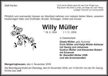 Traueranzeige von Willy Müller von Waldeckische Landeszeitung