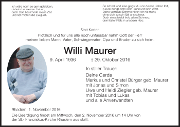 Traueranzeige von Willi Maurer von Waldeckische Landeszeitung