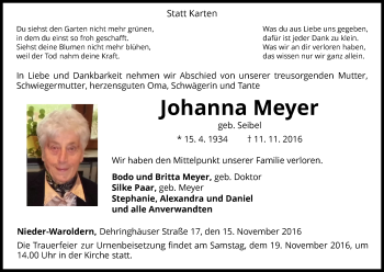 Traueranzeige von Johanna Meyer von Waldeckische Landeszeitung