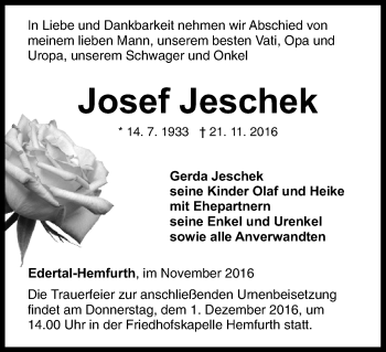 Traueranzeige von Josef Jeschek von Waldeckische Landeszeitung