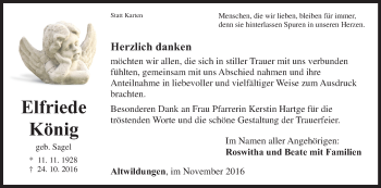 Traueranzeige von Elfriede König von Waldeckische Landeszeitung