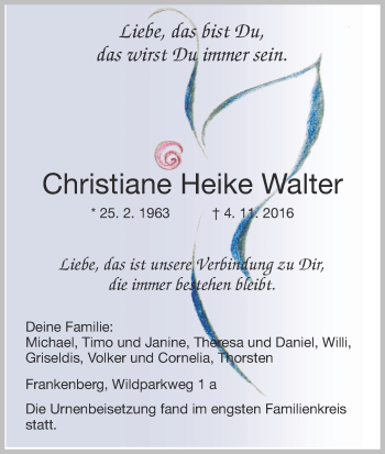 Traueranzeige von Christiane Heike Walter von Waldeckische Landeszeitung