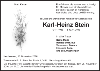 Traueranzeige von Karl-Heinz Stein von Waldeckische Landeszeitung