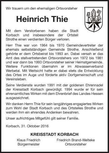 Traueranzeige von Heinrich Thie von Waldeckische Landeszeitung