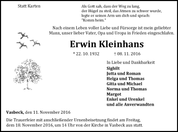 Traueranzeige von Erwin Kleinhans von Waldeckische Landeszeitung