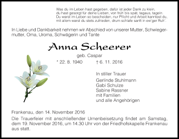 Traueranzeige von Anna Scheerer von Waldeckische Landeszeitung