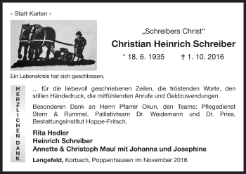 Traueranzeige von Christian Heinrich Schreiber von Waldeckische Landeszeitung