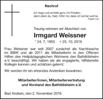 Traueranzeige von Irmgard Weissner von Waldeckische Landeszeitung