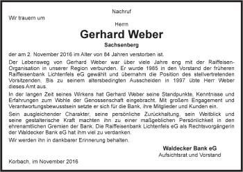 Traueranzeige von Gerhard Weber von Waldeckische Landeszeitung