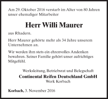 Traueranzeige von Willi Maurer von Waldeckische Landeszeitung