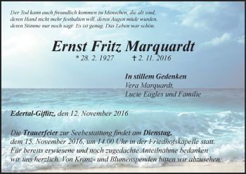 Traueranzeige von Ernst Fritz Marquardt von Waldeckische Landeszeitung