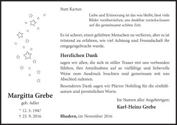 Traueranzeige von Margitta Grebe von Waldeckische Landeszeitung