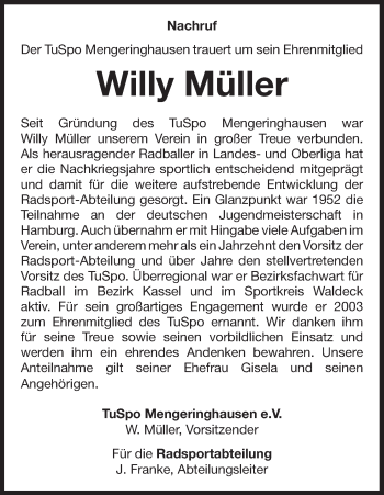Traueranzeige von Willy Müller von Waldeckische Landeszeitung