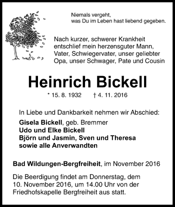 Traueranzeige von Heinrich Bickell von Waldeckische Landeszeitung