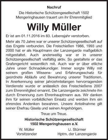 Traueranzeige von Willy Müller von Waldeckische Landeszeitung