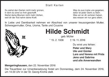 Traueranzeige von Hilde Schmidt von Waldeckische Landeszeitung