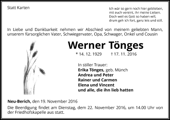 Traueranzeige von Werner Tönges von Waldeckische Landeszeitung