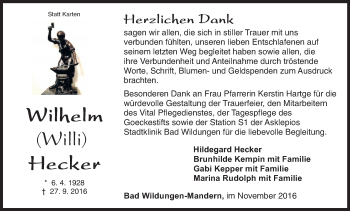 Traueranzeige von Wilhelm  Hecker von Waldeckische Landeszeitung