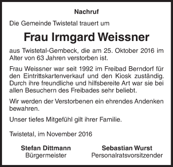 Traueranzeige von Irmgard Weissner von Waldeckische Landeszeitung