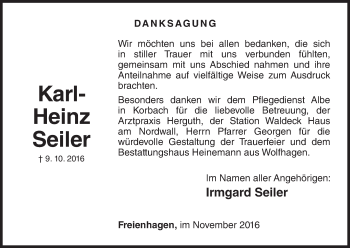 Traueranzeige von Karl-Heinz Seiler von Waldeckische Landeszeitung