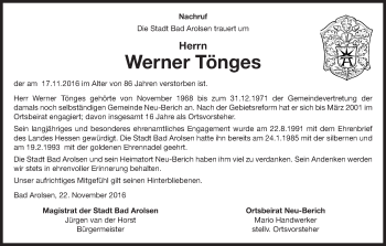 Traueranzeige von Werner Tönges von Waldeckische Landeszeitung