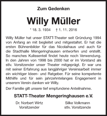 Traueranzeige von Willy Müller von Waldeckische Landeszeitung
