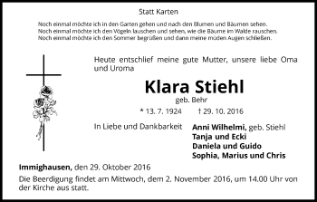 Traueranzeige von Klara Stiehl von Waldeckische Landeszeitung