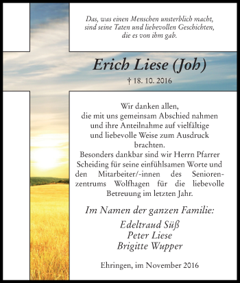 Traueranzeige von Erich Liese von Waldeckische Landeszeitung