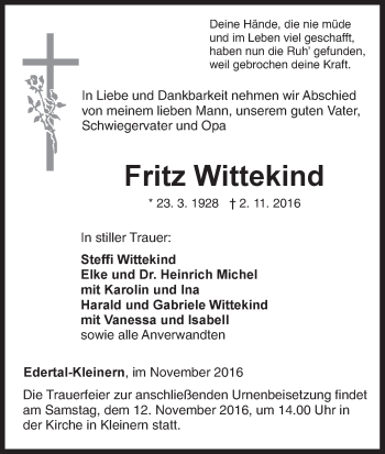 Traueranzeige von Fritz Wittekind von Waldeckische Landeszeitung