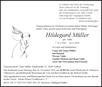 Traueranzeige von Hildegard Müller von Waldeckische Landeszeitung