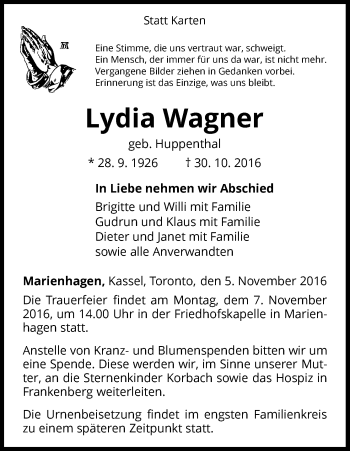 Traueranzeige von Lydia Wagner von Waldeckische Landeszeitung