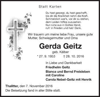 Traueranzeige von Gerda Geitz von Waldeckische Landeszeitung