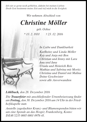 Traueranzeige von Christine Möller von Waldeckische Landeszeitung