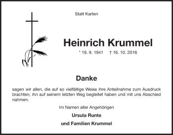 Traueranzeige von Heinrich Krummel von Waldeckische Landeszeitung
