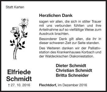 Traueranzeige von Elfriede Schmidt von Waldeckische Landeszeitung